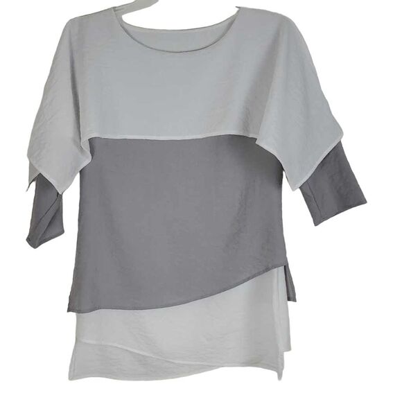 Linen Top Smocked Collar Blouse.  Neutral color. Size Medium - Picture 5 of 10